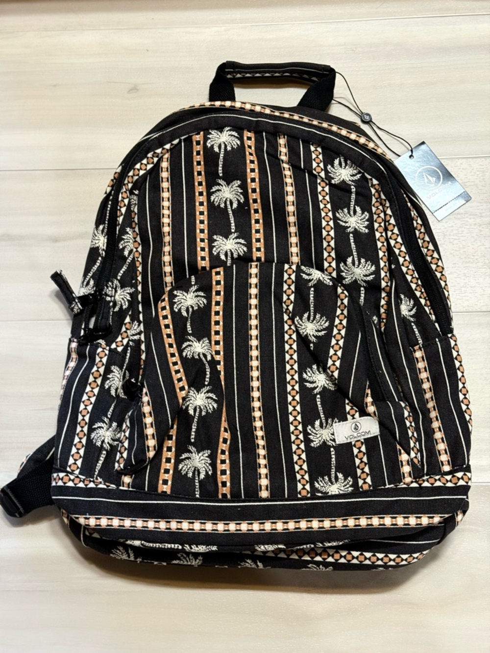 Rare Volcom Black Backpack with Tan & White Palm Pattern